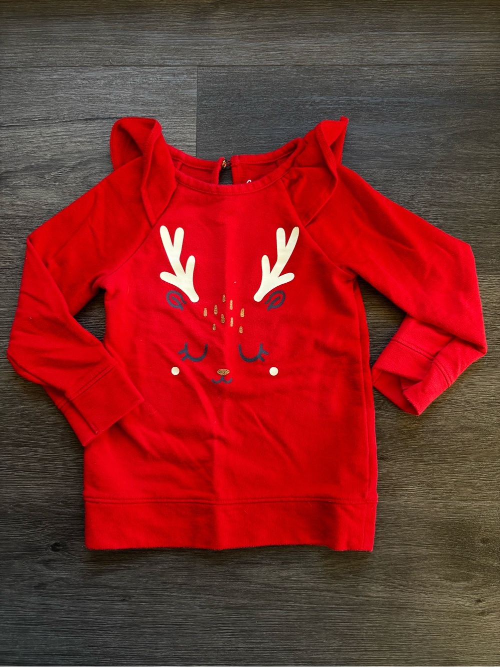 Cat & Jack Red Girls' Reindeer Sweatshirt with Ruffle Shoulders